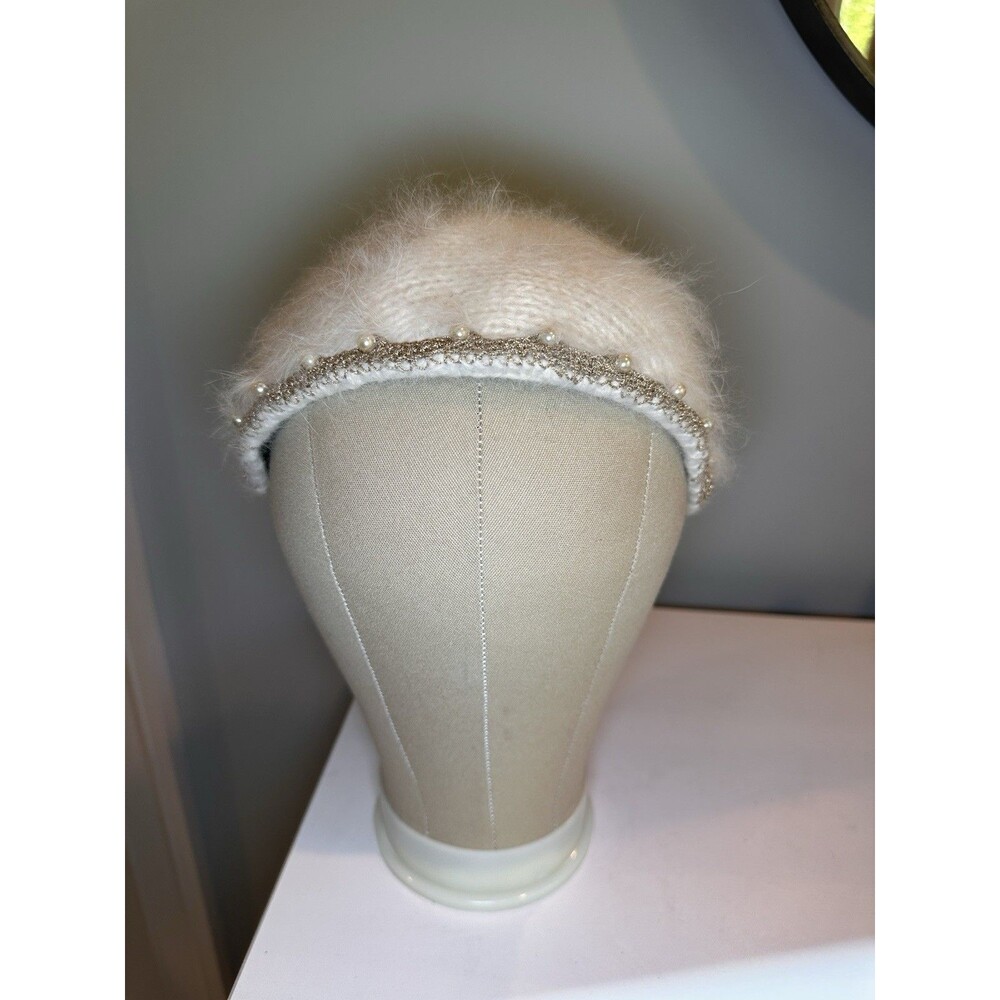 Vintage Cream Fuzzy Mohair Pearl Gold Beaded Winter Headband Plaid Lined Retro